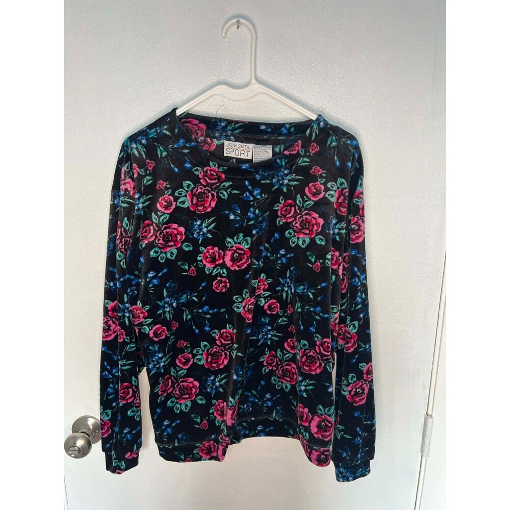 Jaclyn Smith Sport Womens Medium Floral Long Sleeve Top Black Pink Blue Blouse